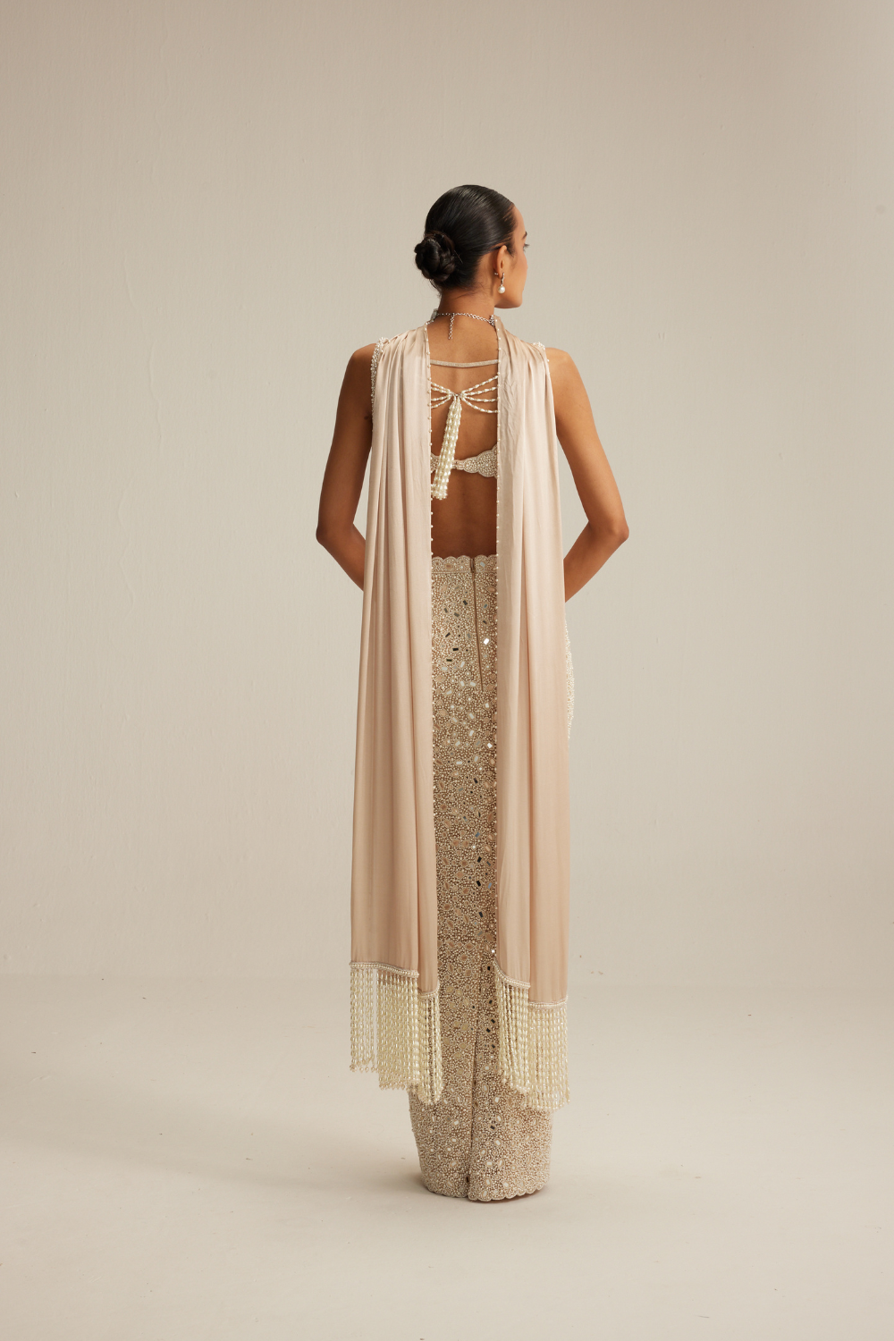 Light Beige Dense Pearl and Mirror Pencil Skirt with V Neck Blouse