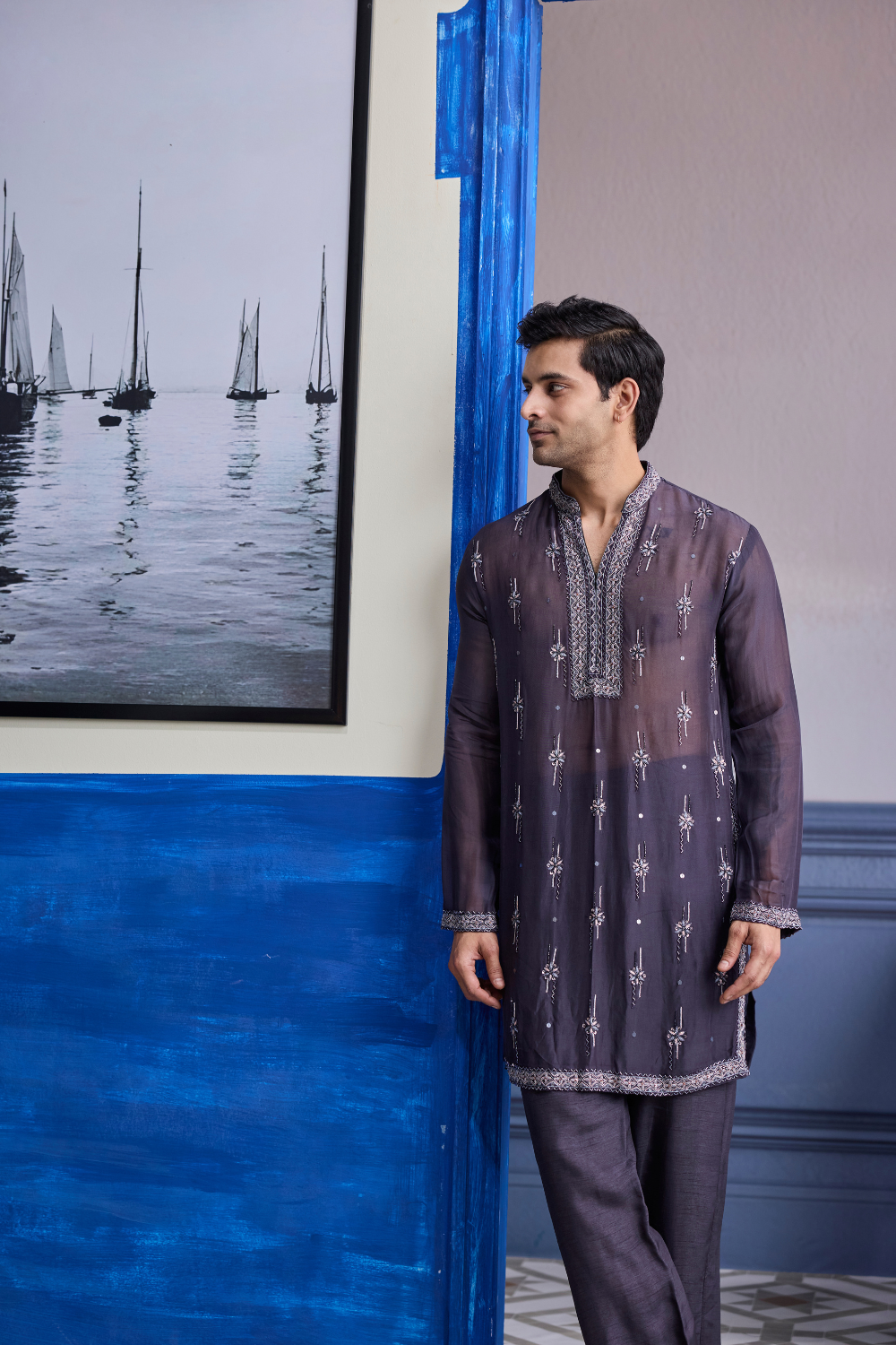 Charcoal Grey Sheer Embroidered Kurta with Pants