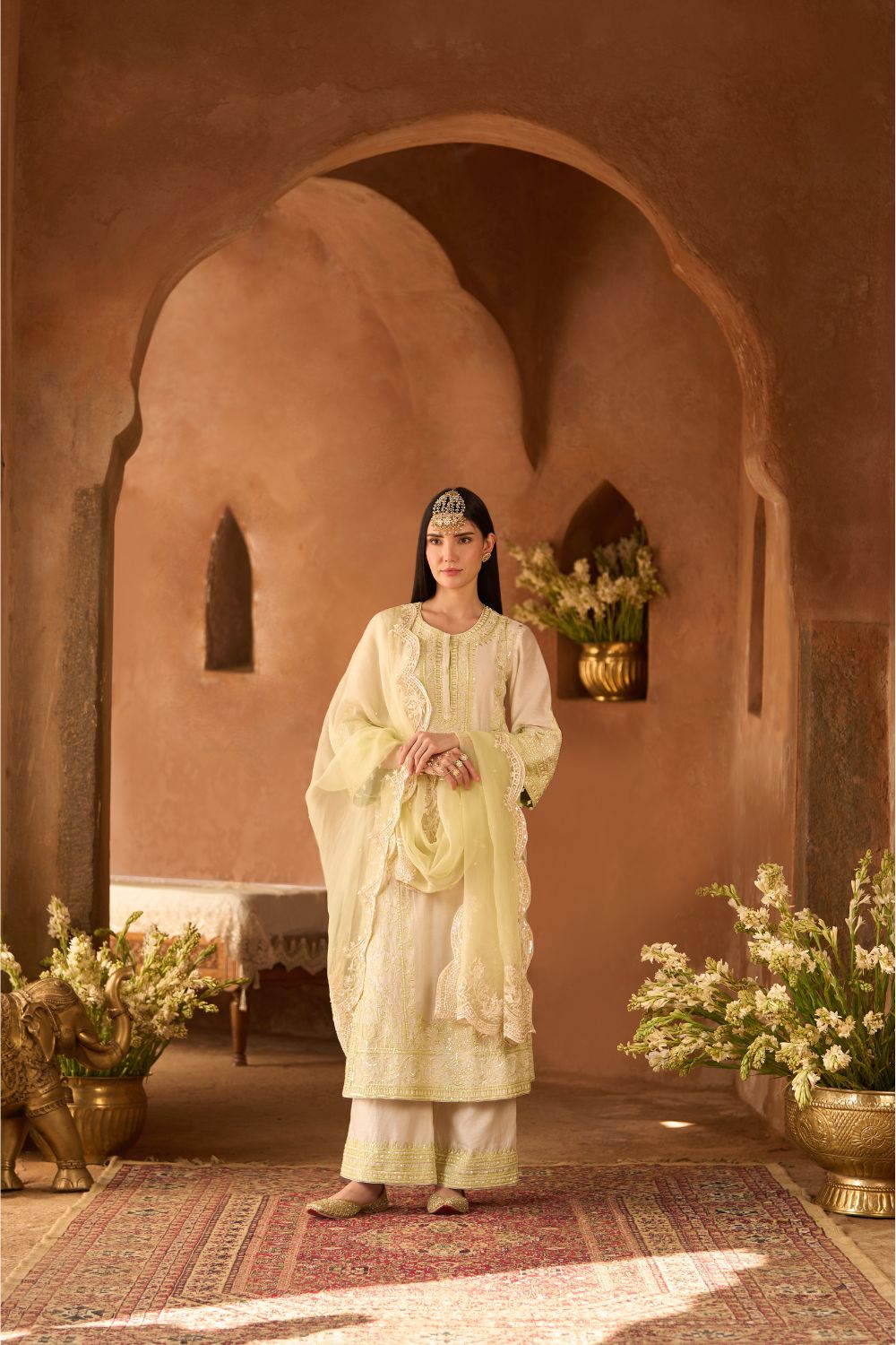 ENA - DAISY IVORY WITH MINT GREEN LONG A-LINE KURTA WITH PALAZZO AND DUPATTA