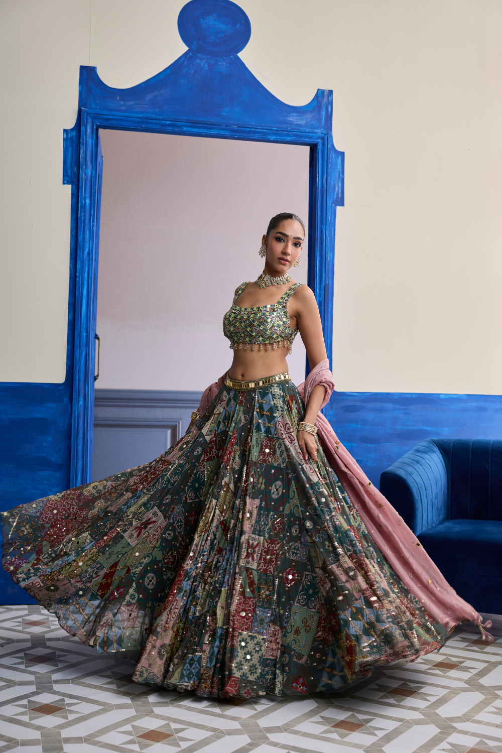 Green Mirror Embroidered Blouse with Forest Green Lehenga & Embroidered Dupatta Set