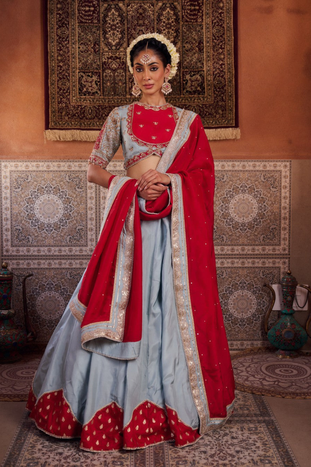 Powder blue and fuchsia silk blouse, lehenga and organza dupatta