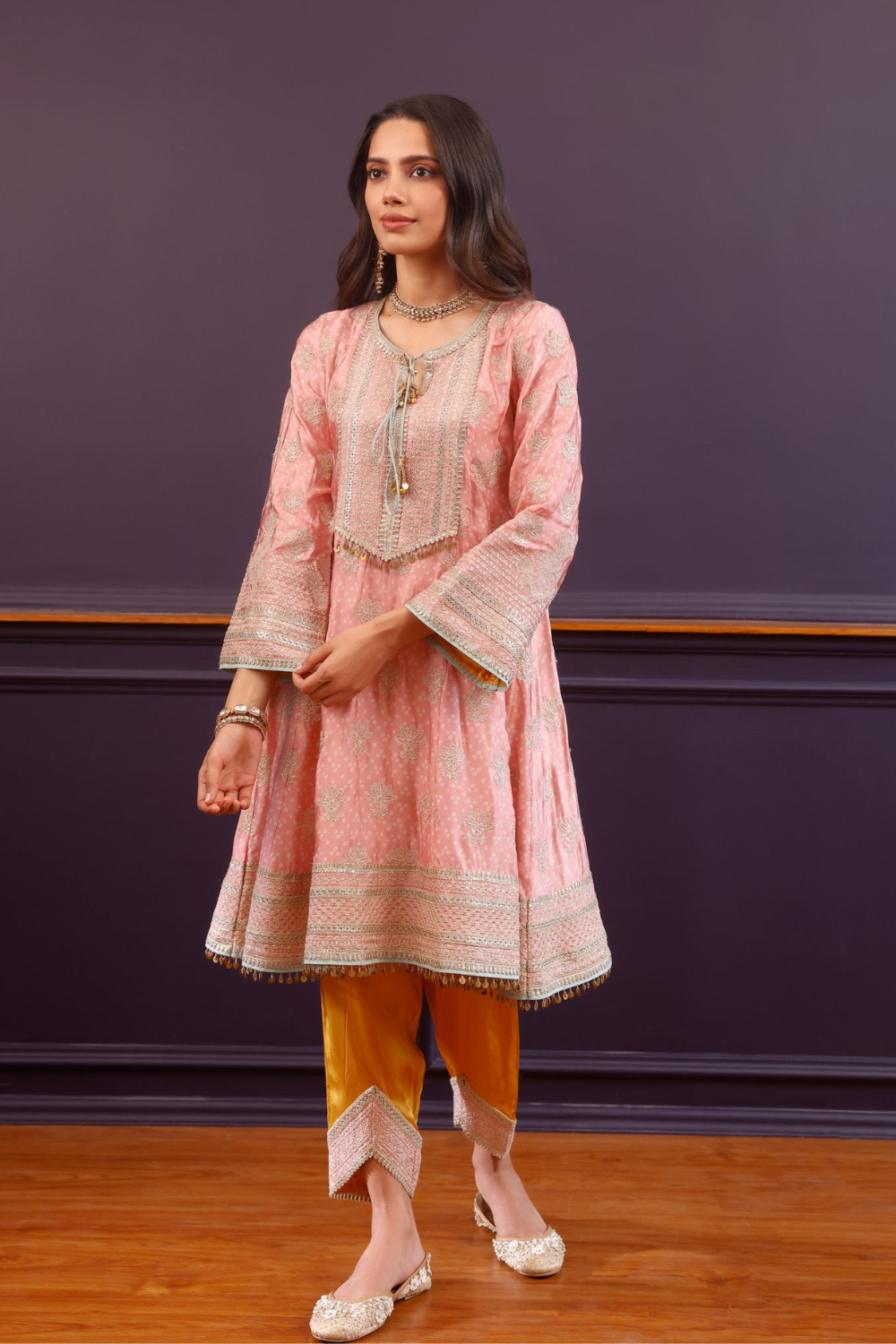 Arvini Cupro Satin Pink Anarkali Kurta Set