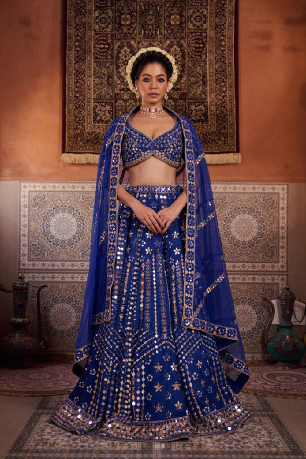 Royal blue dupion silk blouse, lehenga and net dupatta