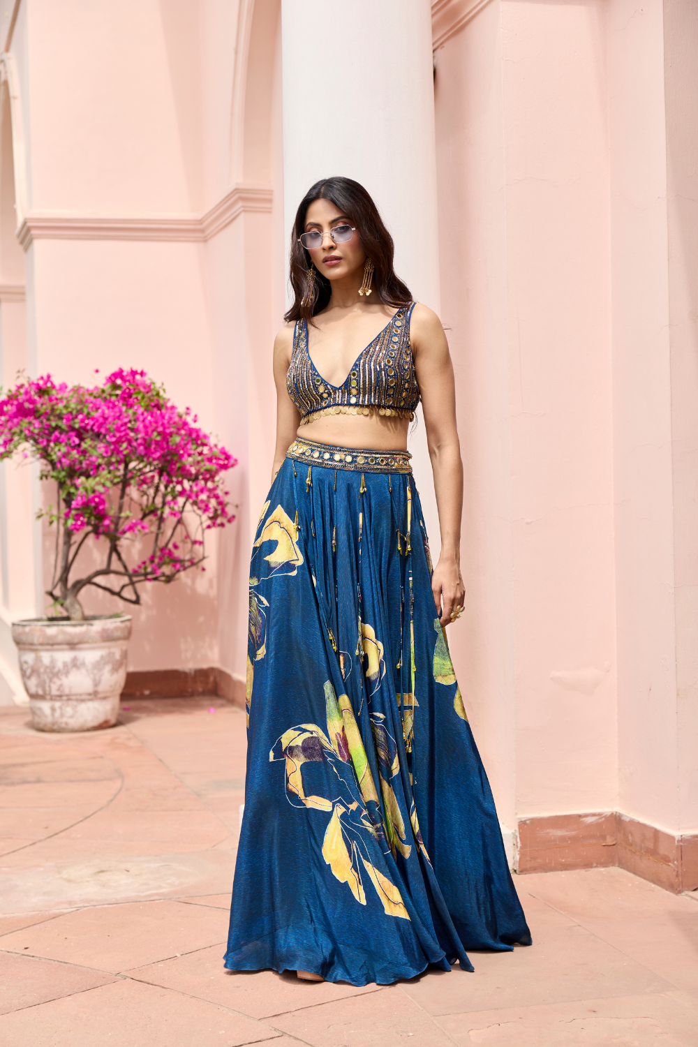 NAVYGOLD FLORAL PRINTED LEHENGA SET
