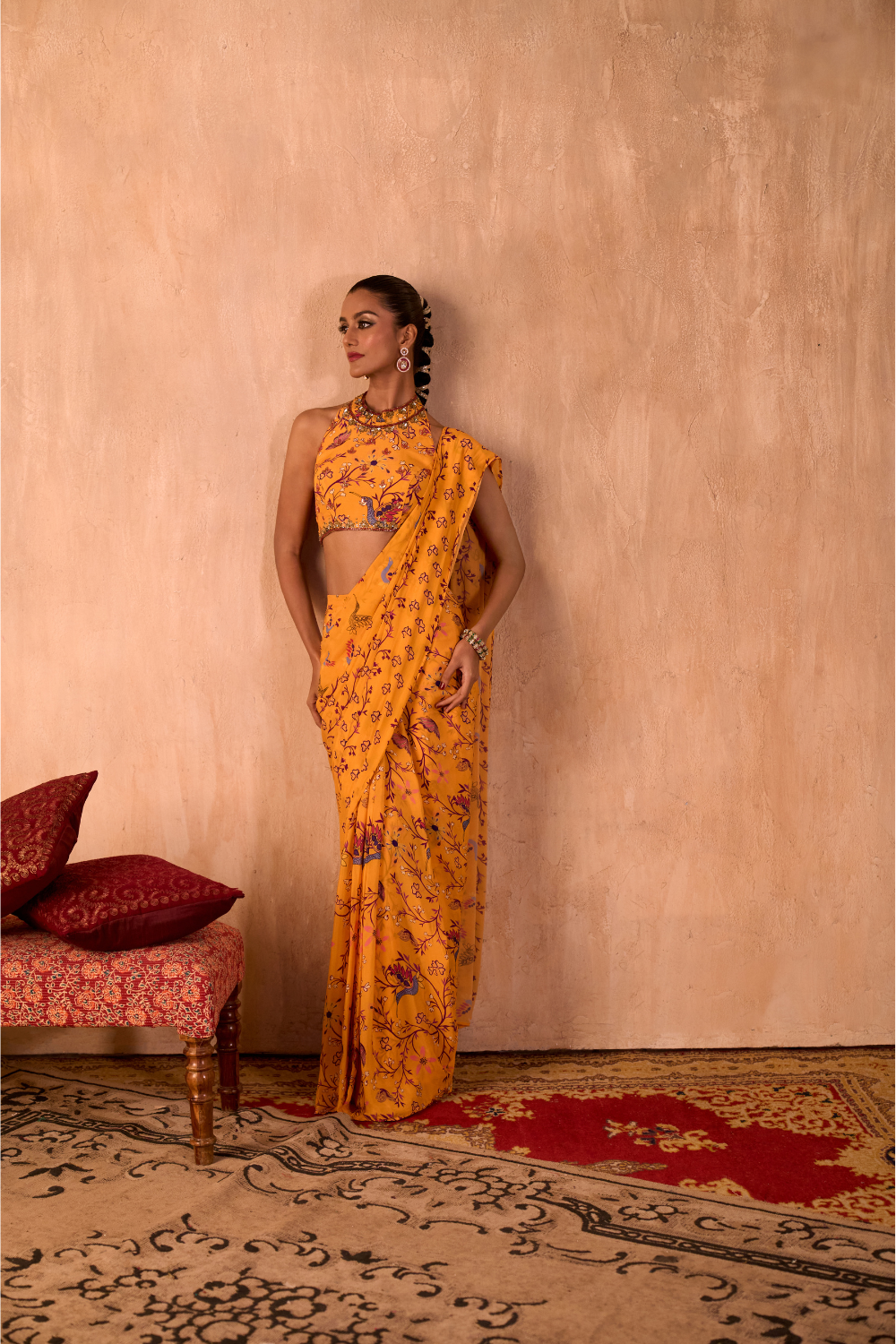 YELLOW PRINT EMBROIDERED HALTER CHOLI AND PREDRAPED SARI SET