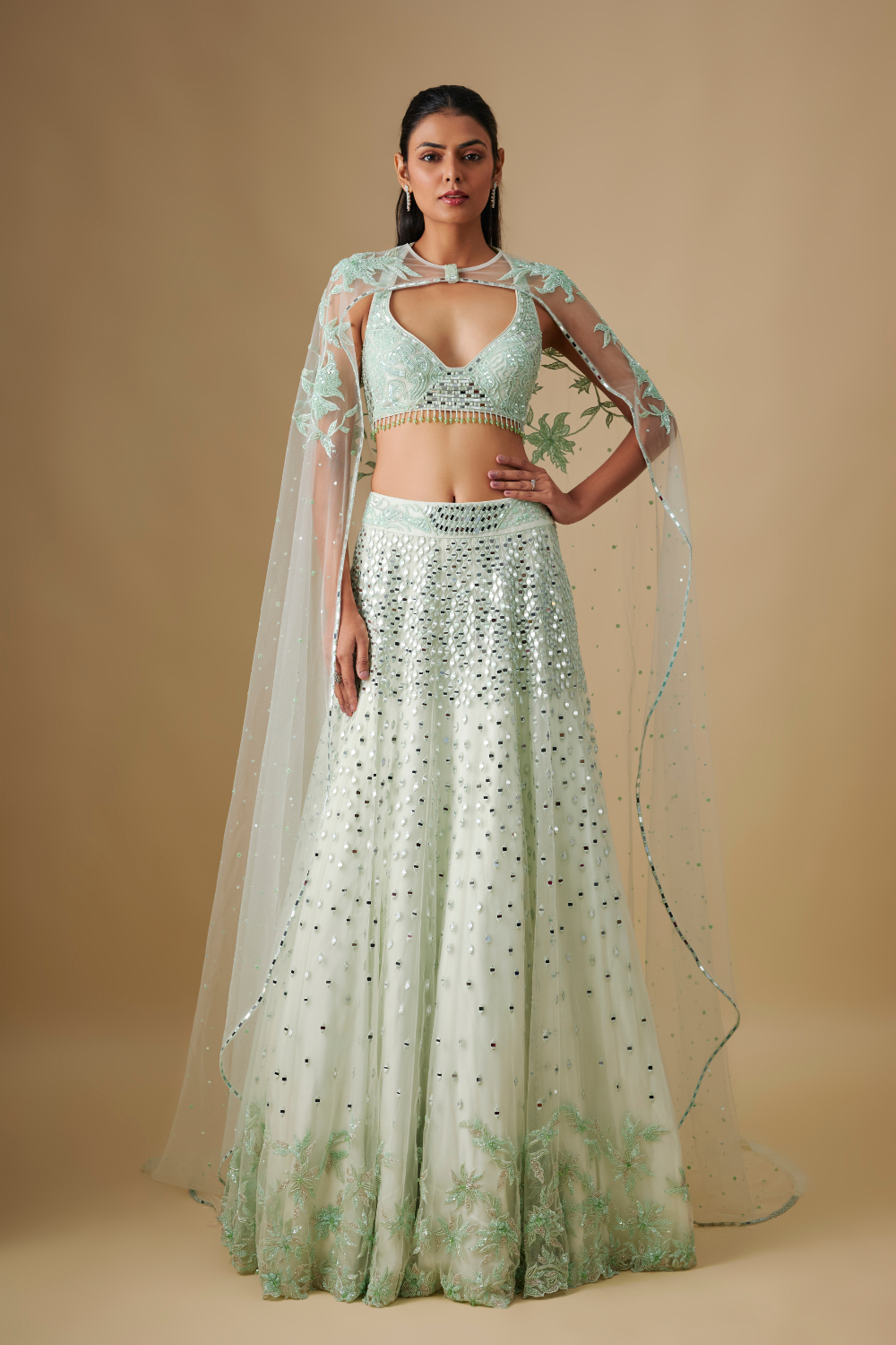 Thundra- Mint Lehenga Blouse with dupatta cape