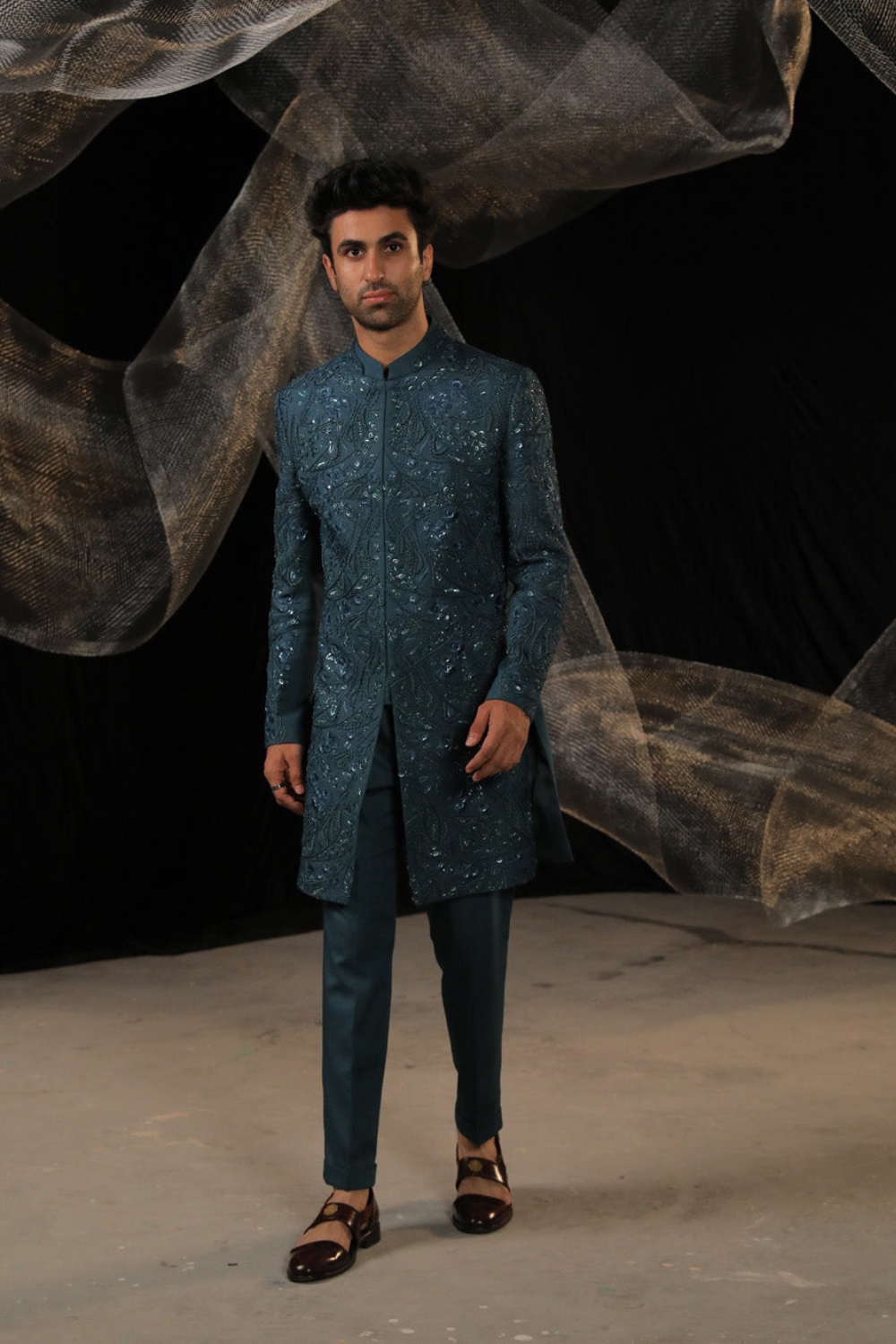 Azure Teal Indowestern With Ai Designed Bead And Resam Work