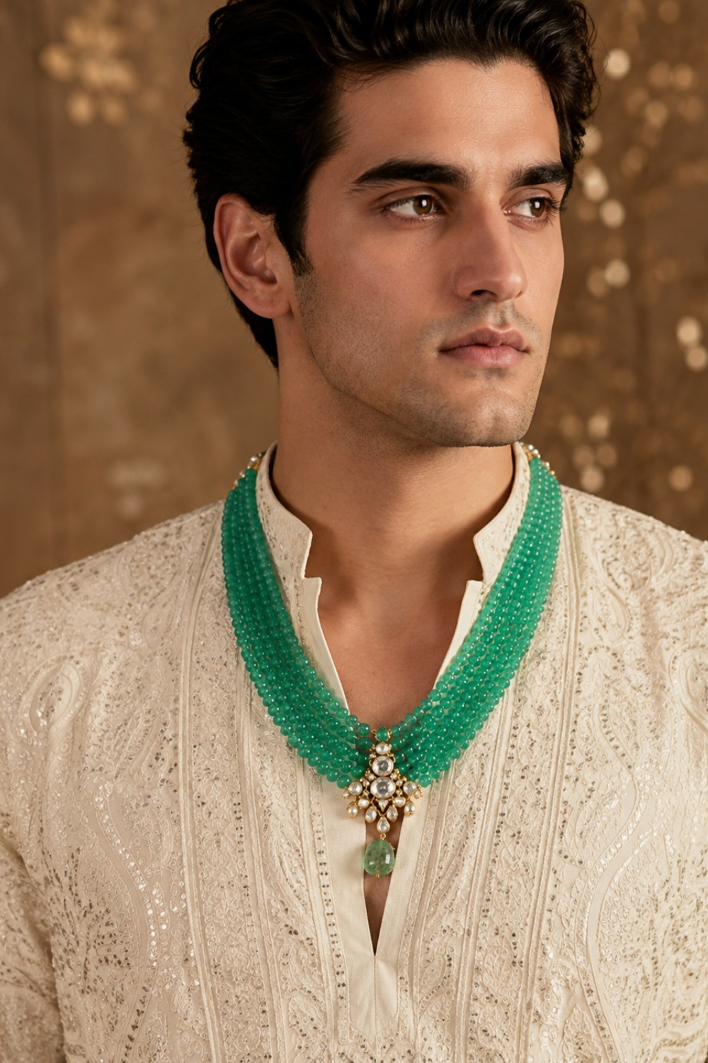 Jade Green Beaded Kundan Pendant Mala