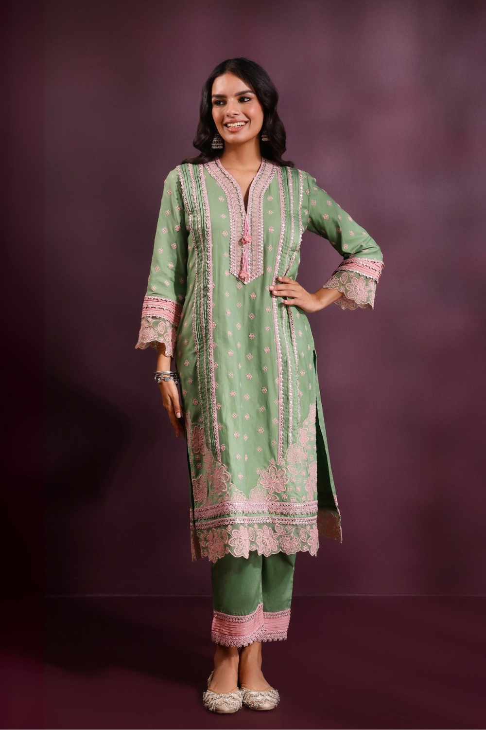 Pira Pima Satin Parrot Green Kurta Set