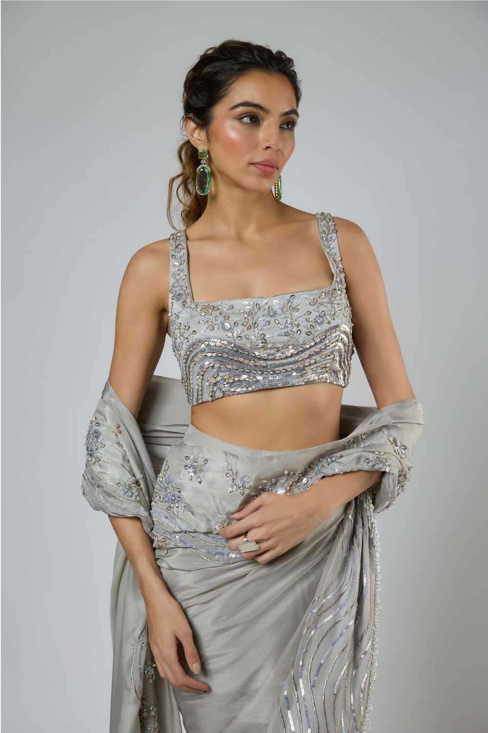 GREY HEAVY INTRICATE EMBROIDERED SAREE SET