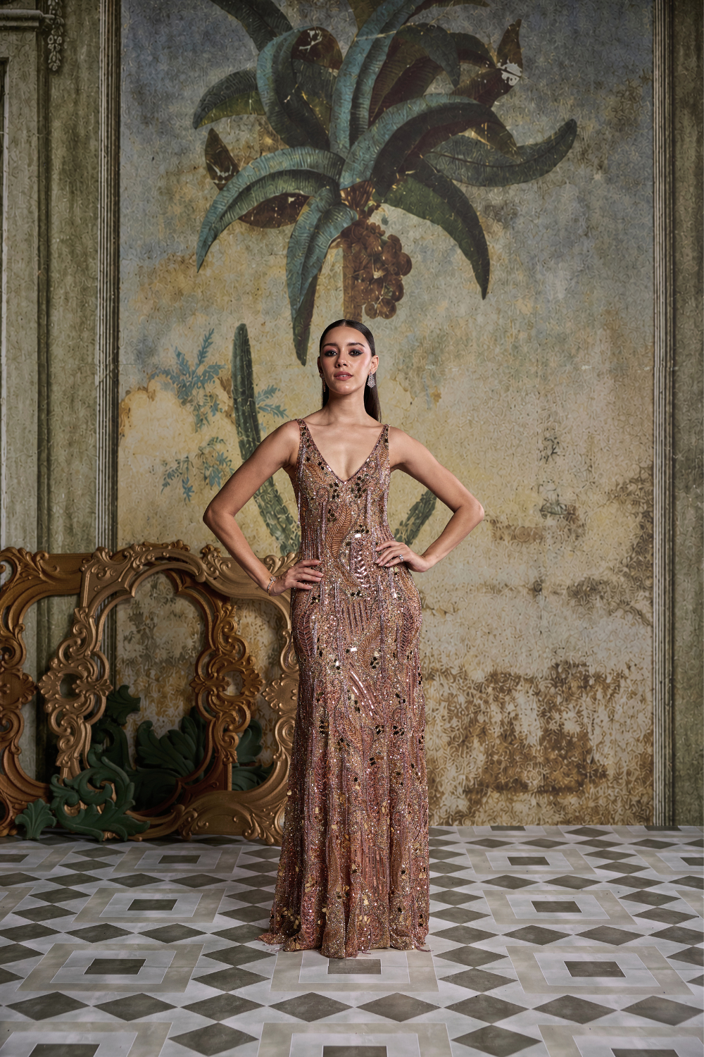 Rose Gold Abstract Acrylic Embellished Gown