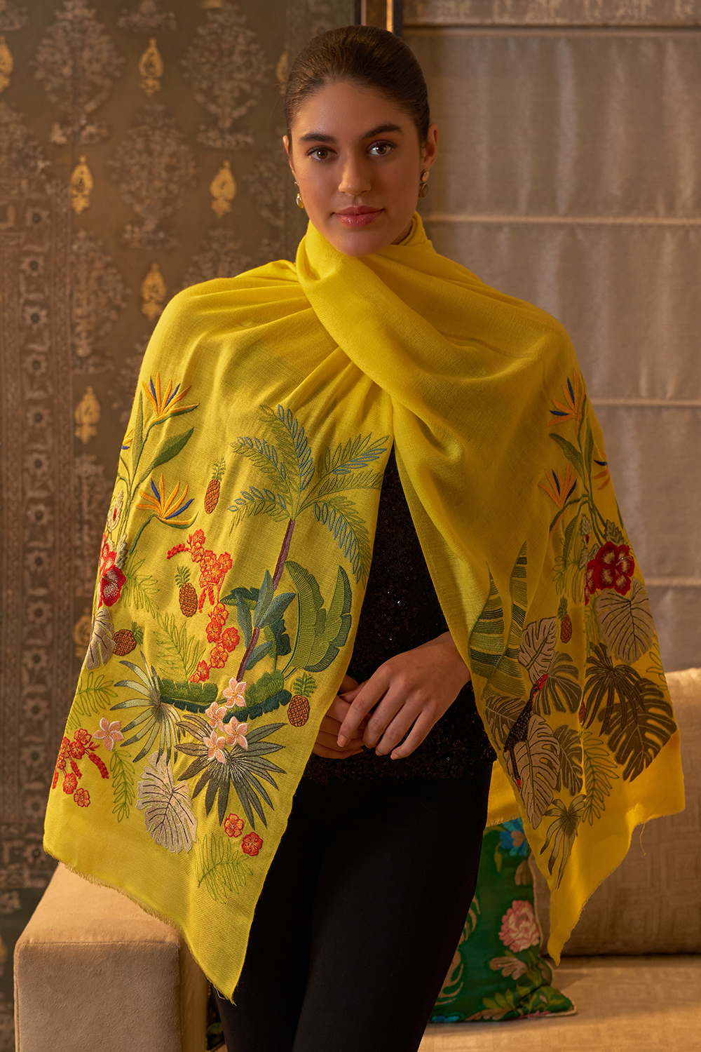 A Toucan's Day | Embroidered Fine Merino Wool Stole – Empire Yellow