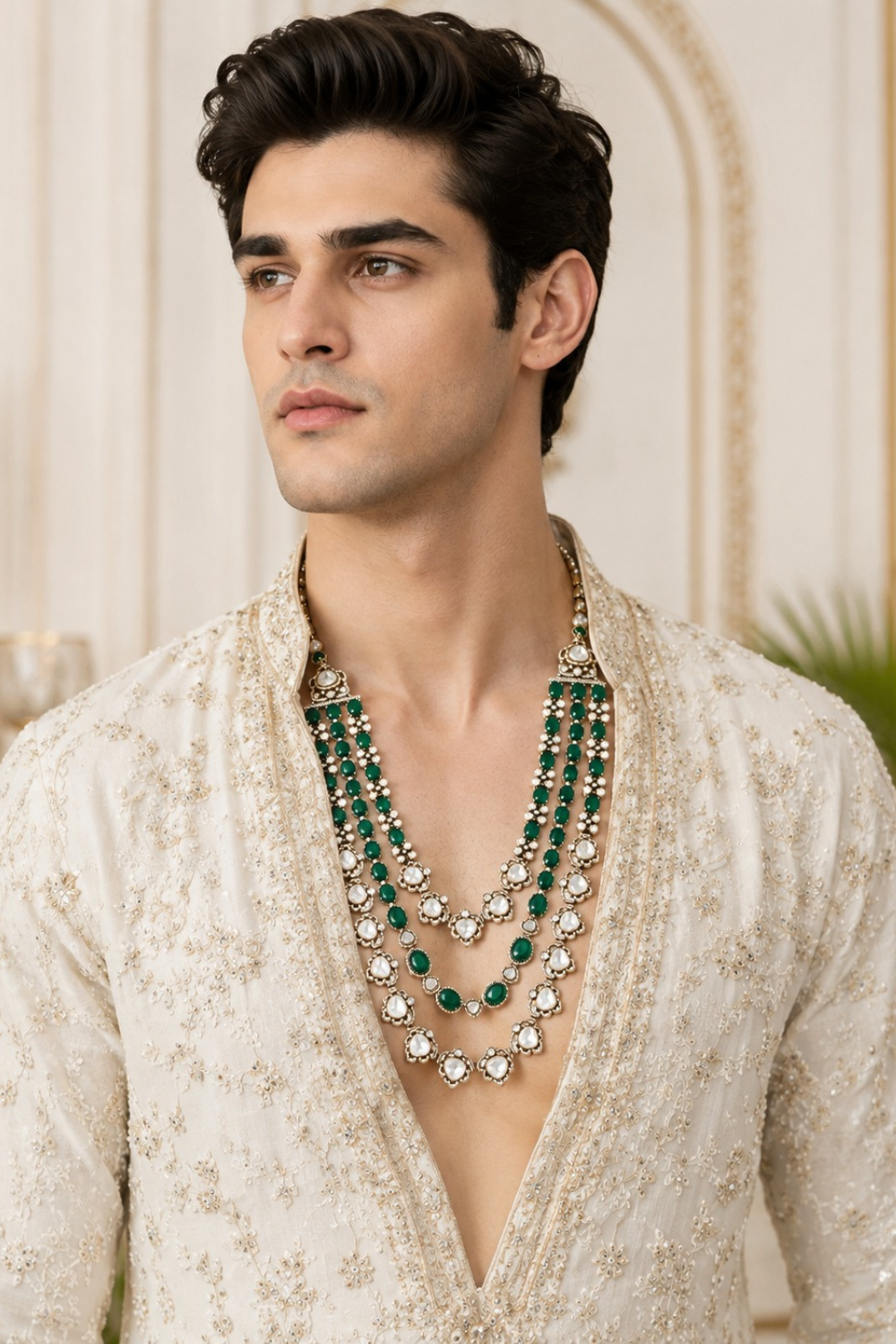 Three-Layered Green Beaded Kundan Mala