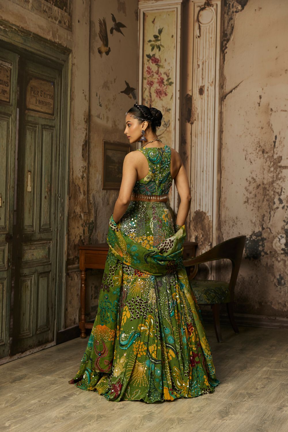 PEAR GREEN PRINTED HIGHLIGHTED BELL BOTTOM PANTS SET