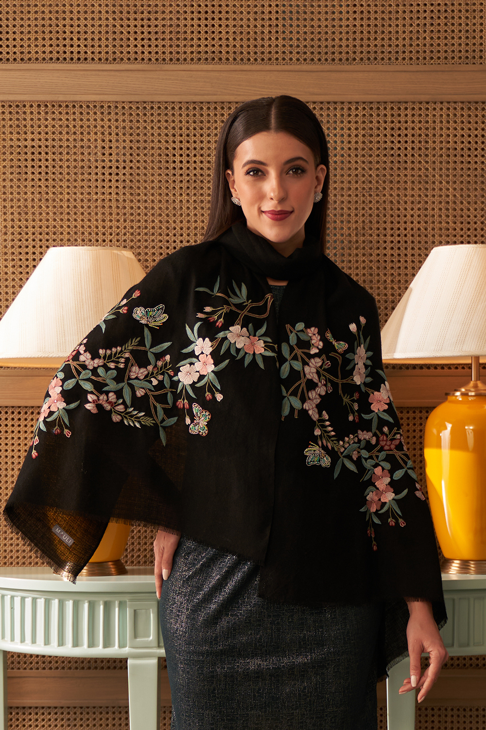 A Garden Diary | Embroidered Fine Merino Wool Stole – Black