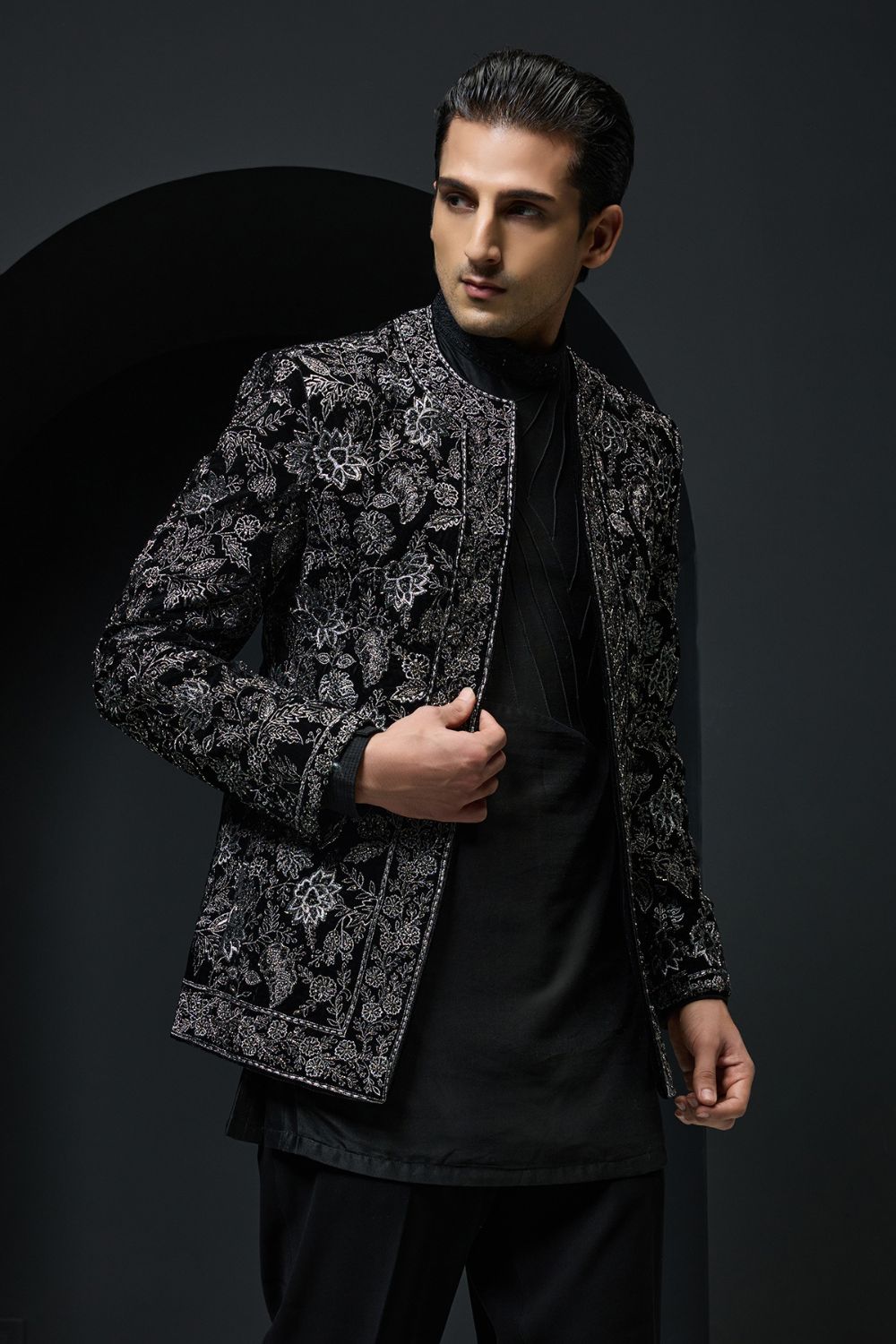 Black open bandhgala   with silver zari , sequins & pearl  work