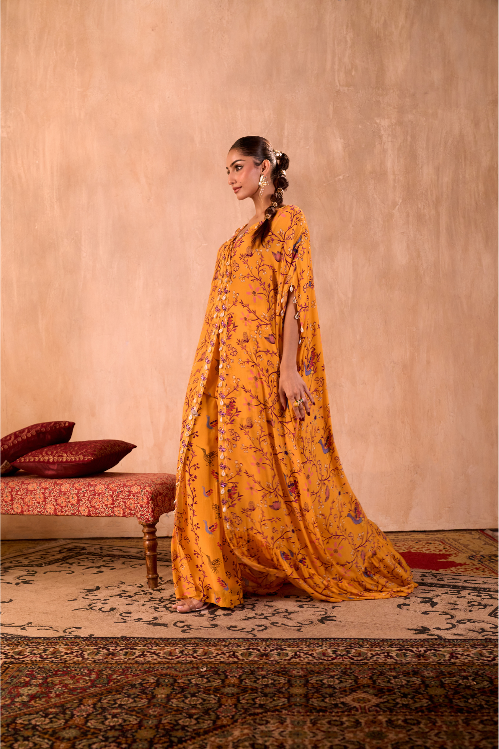 YELLOW PRINT EMBROIDERED LONG KAFTAN WITH PANTS SET