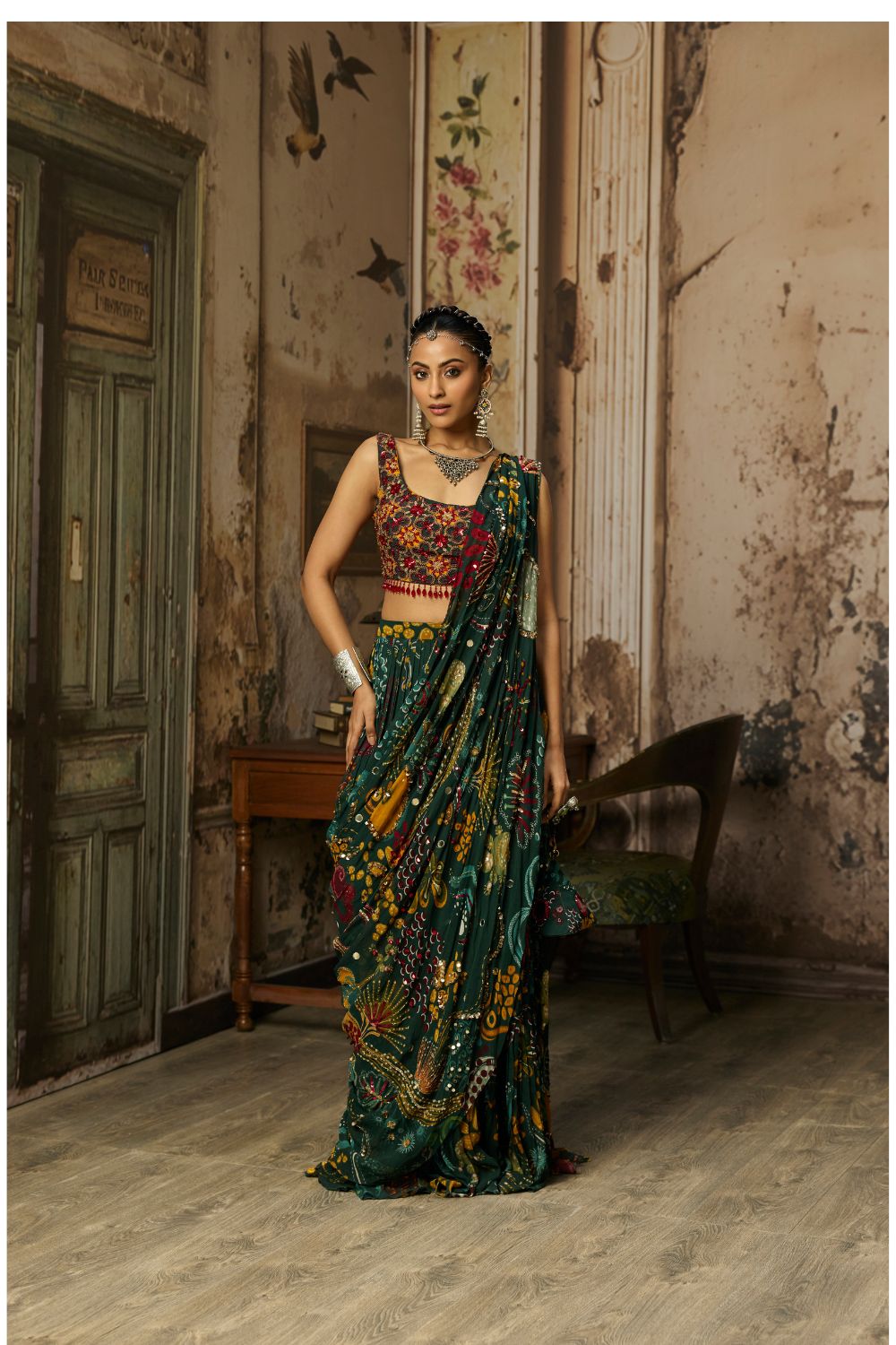 DARK GREEN PRINTED AND HIGHLIGHTED TIERED SKIRT SAREE SET