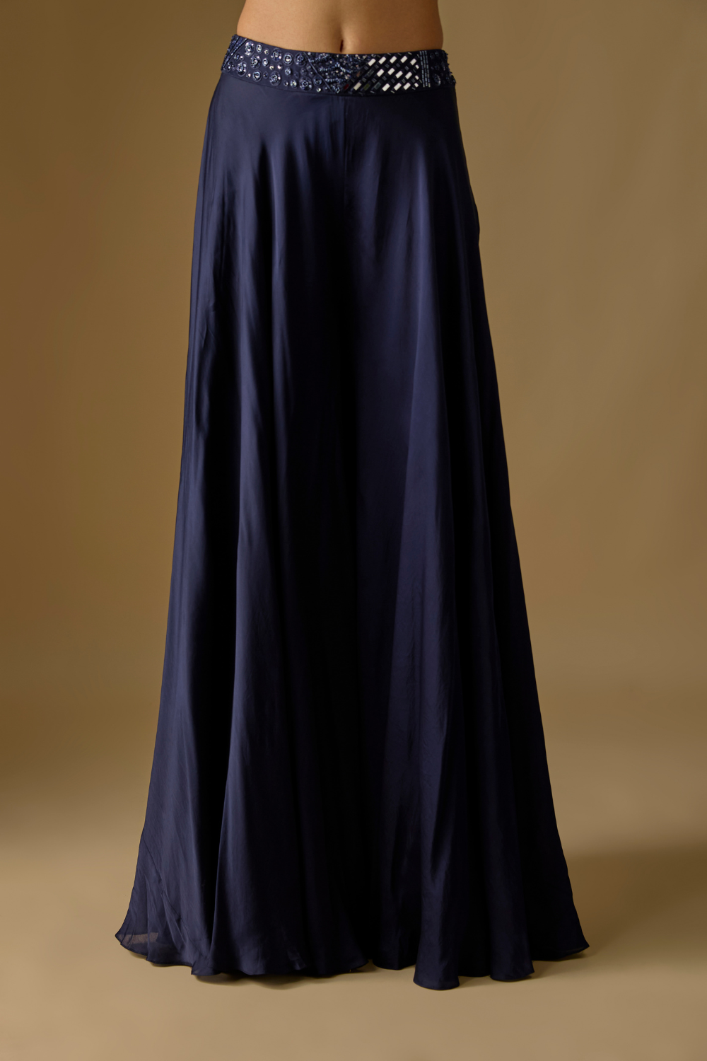 Brook- Navy Blue Long Jacket with Sharara and Mirror-Work Blouse
