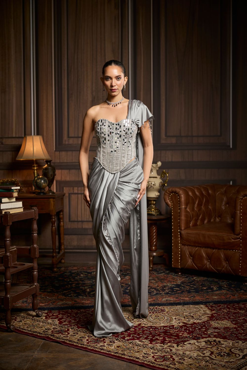 SILVER EMBELLISHED BLOUSE AND PRE DRAPED SAREE SET