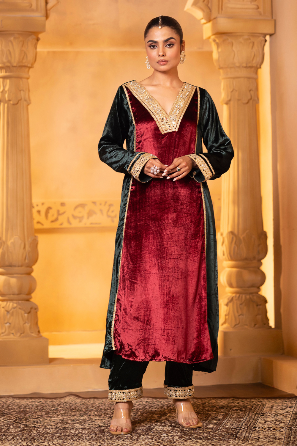 Maroon Green Velvet Set