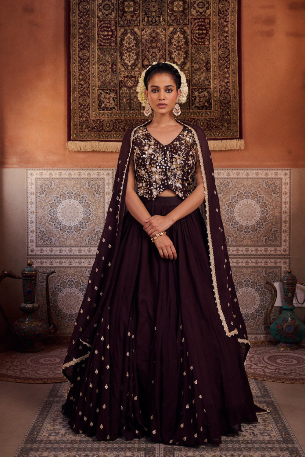 Brown embroidered silk waist coat, lehenga and  dupatta