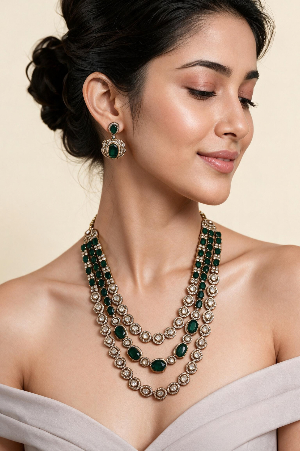 Emerald Green Moissanite Three-Layered Necklace Set