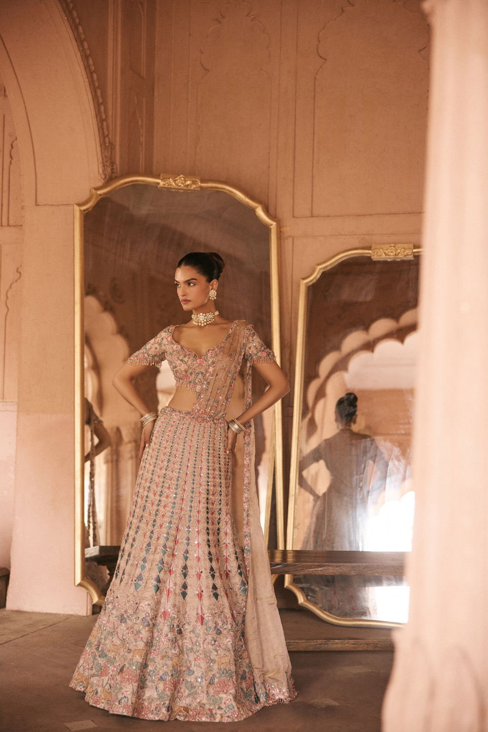 Multi-coloured, beige, Dori, Tissue, Sari Lehenga Set