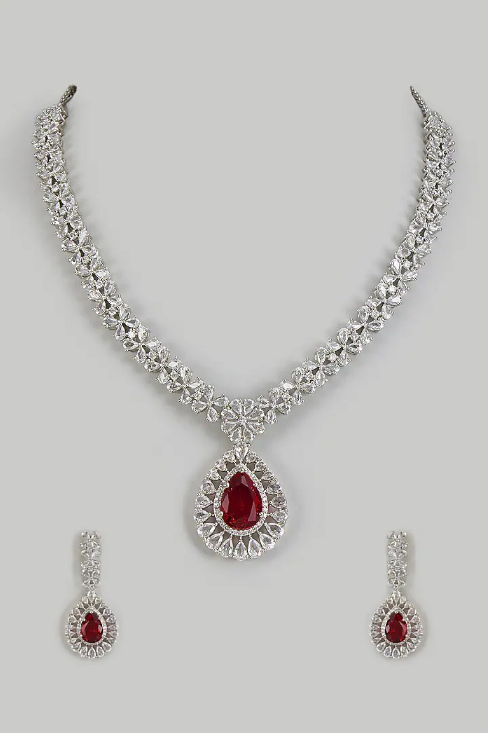 Ruby Red Teardrop Cubic Zirconia  Look Necklace Set with Statement Earrings