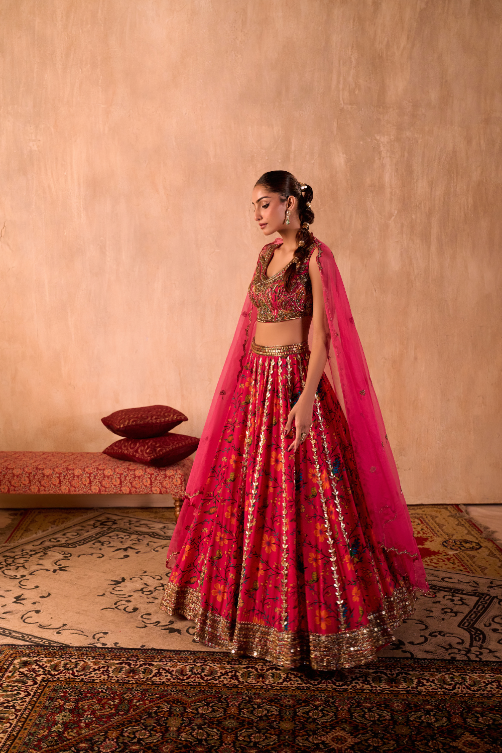 PINK PRINT EMBROIDERED CHOLI, LEHENGA AND DUPATTA SET