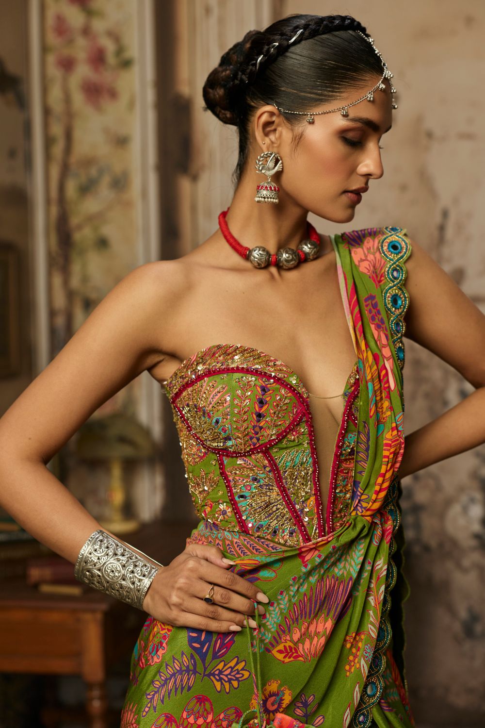 PEAR GREEN PRINTED AND HIGHLIGHTED RUFFLE SKIRT SAREE SET