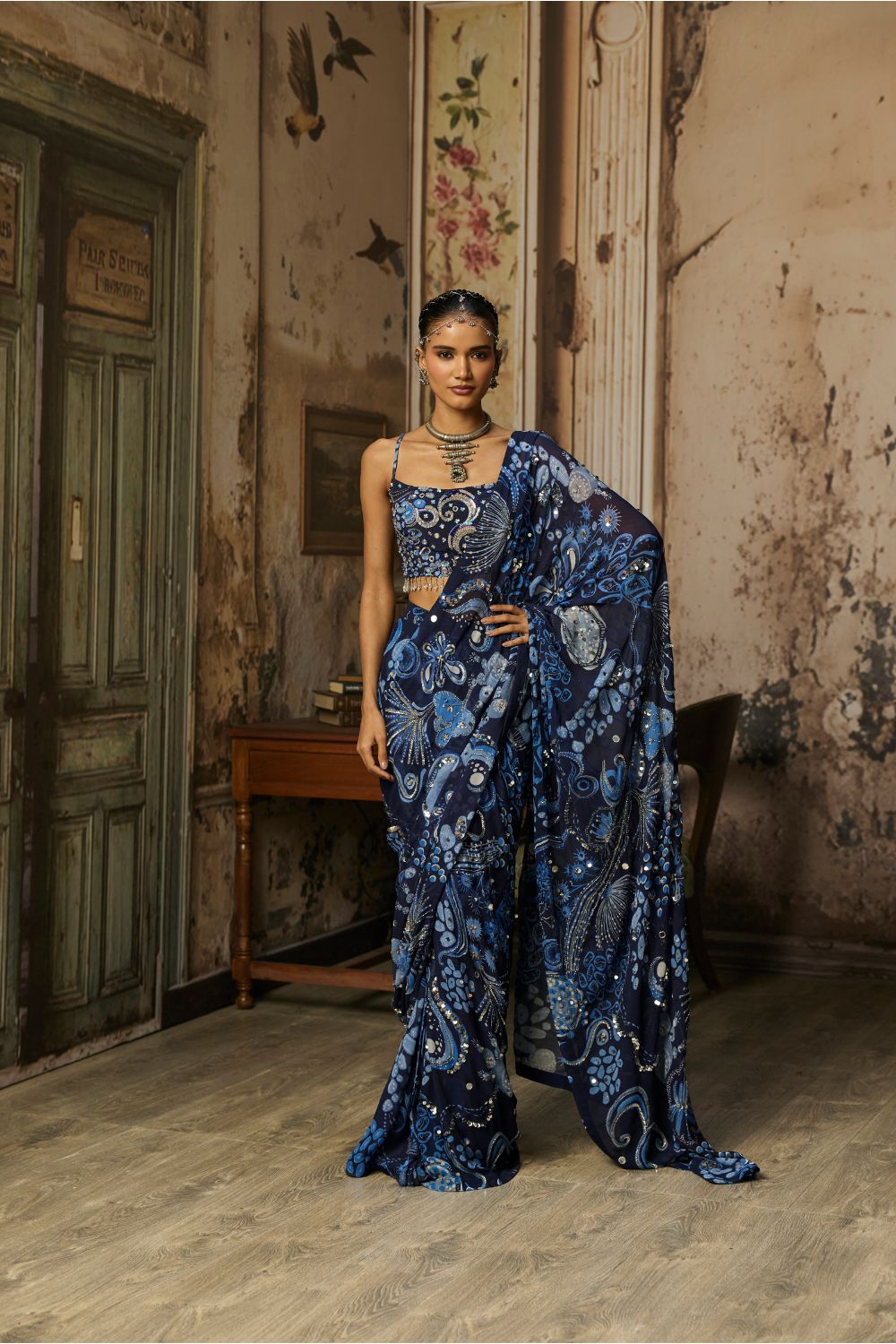 NAVY BLUE PRINTED AND HIGHLIGHTED CLASSIC SAREE SET