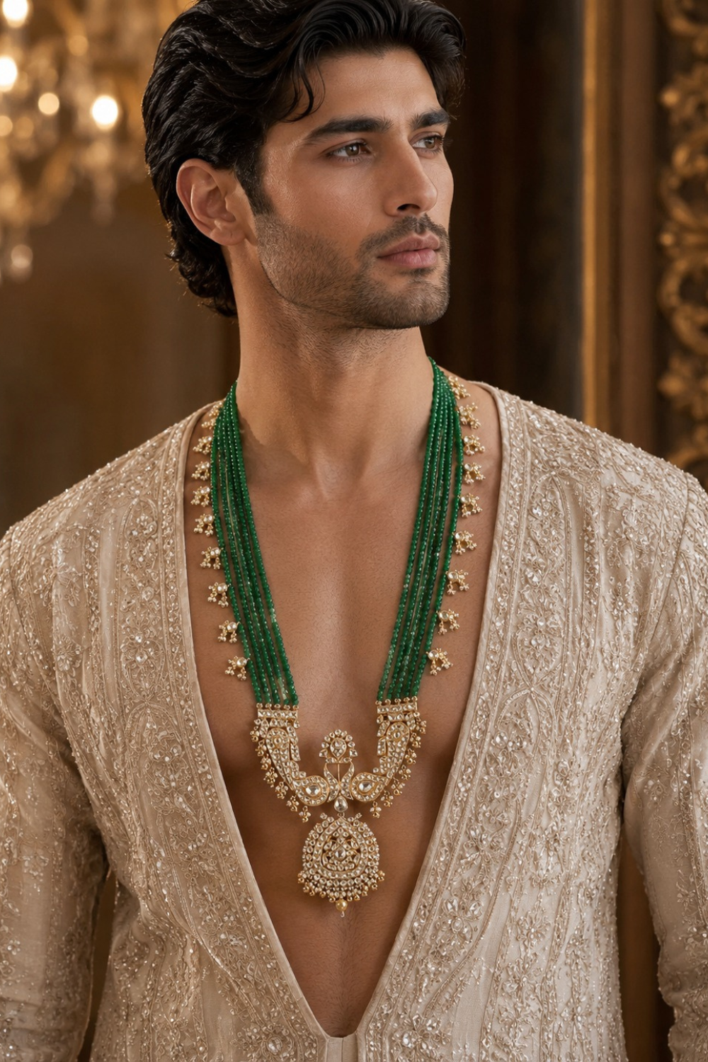 Green Beaded Kundan Pendant Groom Necklace