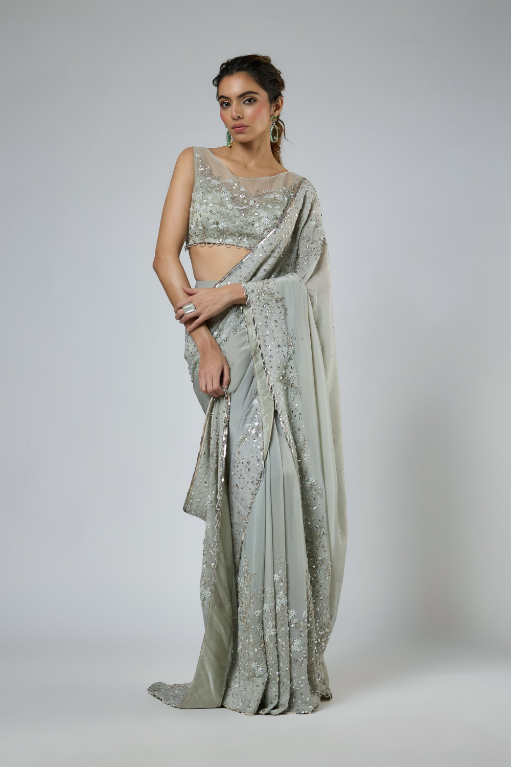 DUSTY GREEN HEAVY INTRICATE FLORAL EMBROIDERED SAREE SET
