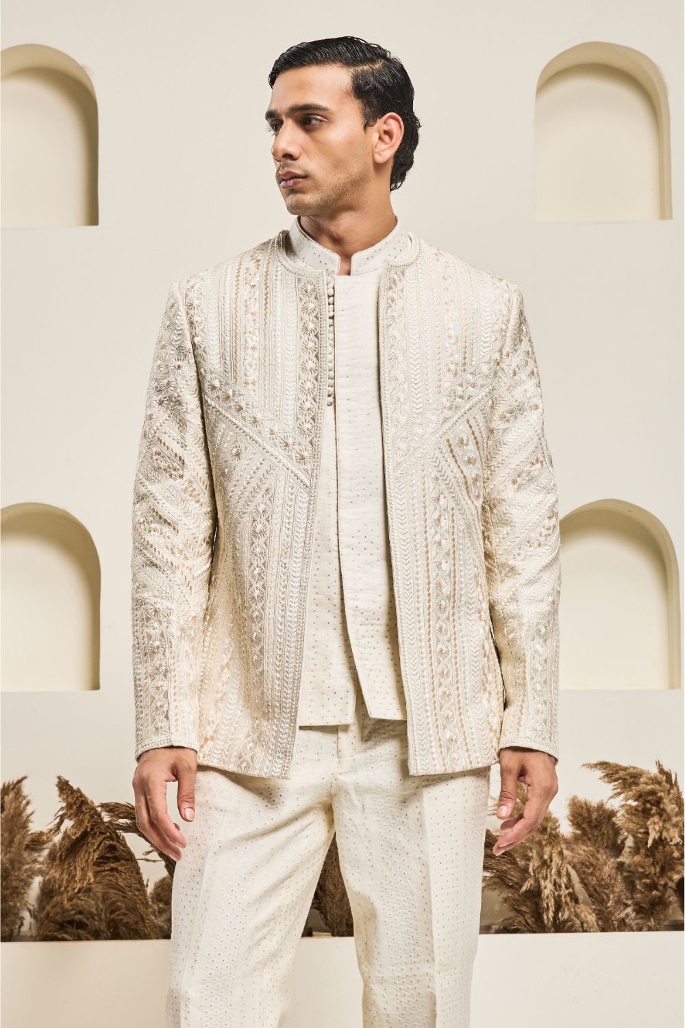 Ivory open bandhgala with Resham thread Work