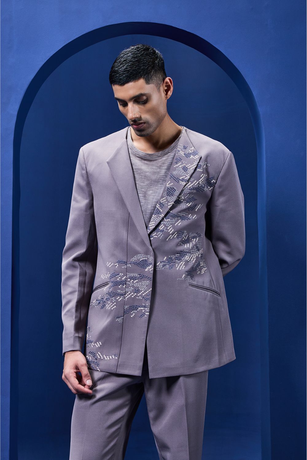 Grey cord set detailing with thread embroidery