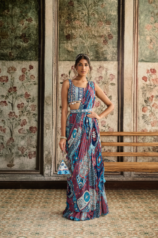 TEAL PRINT AND AND HIGHLIGHTED SQUARE NECK BLOUSE WITH TIERED SKIRT SAREE SET