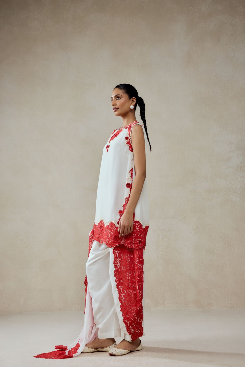 White Georgette With Red  Lace Applique Suit Set
