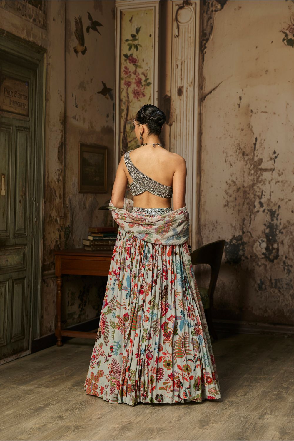 SLATE GREY EMBROIDERED BLOUSE WITH PRINTED LEHENGA SET