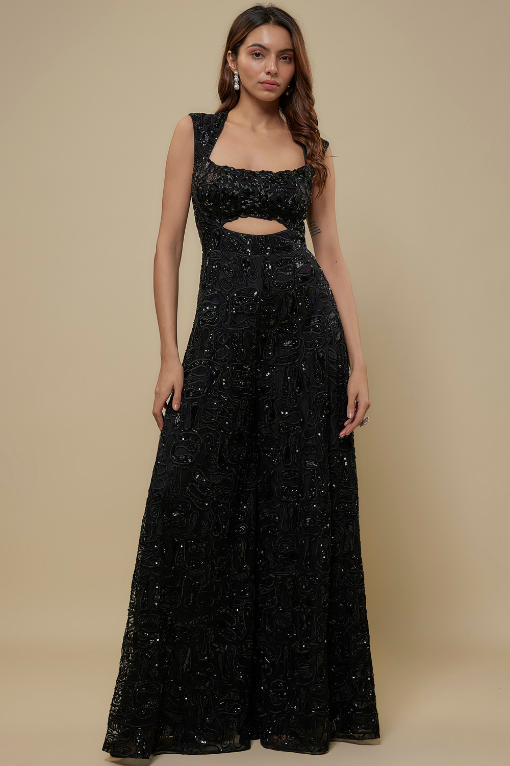 VAVID-Black full abstract dori work full embroidered jumpsuit