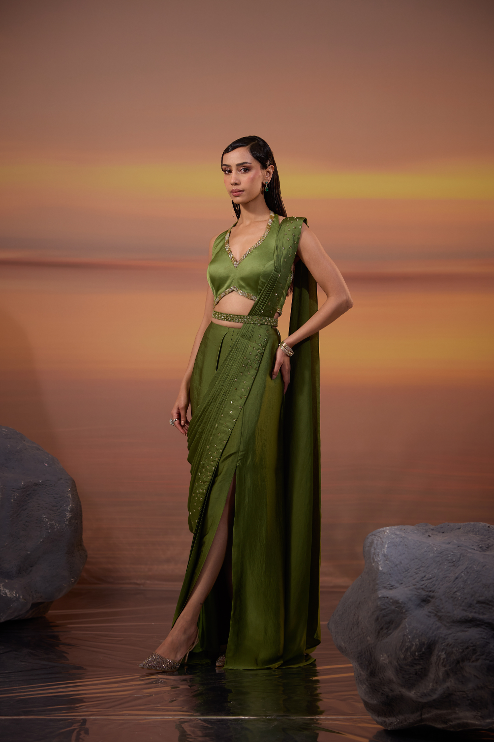 Olive Green Halter Neck Draped Saree Set