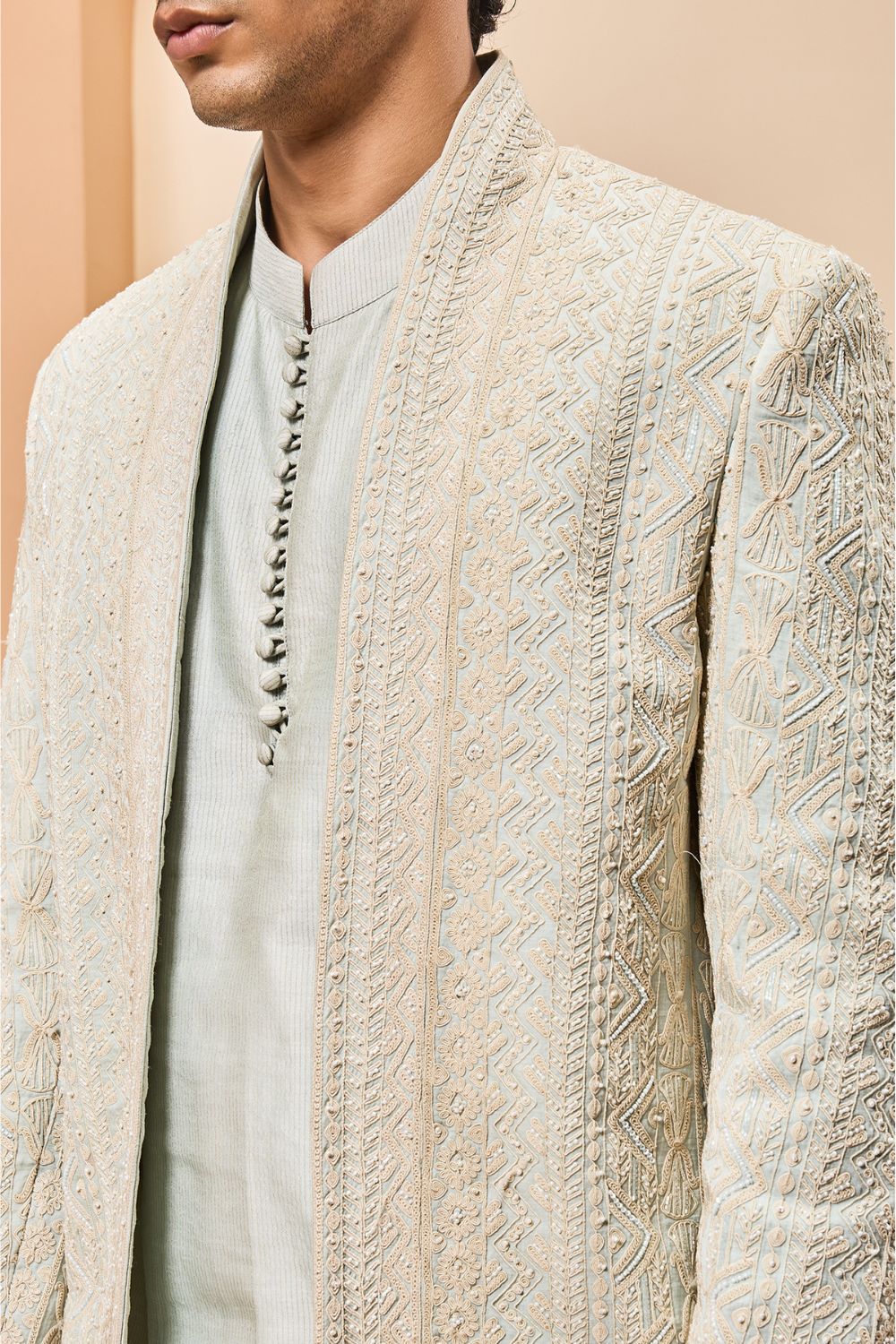 Powder blue open bandhgala   with thread , sequins & pearl  work