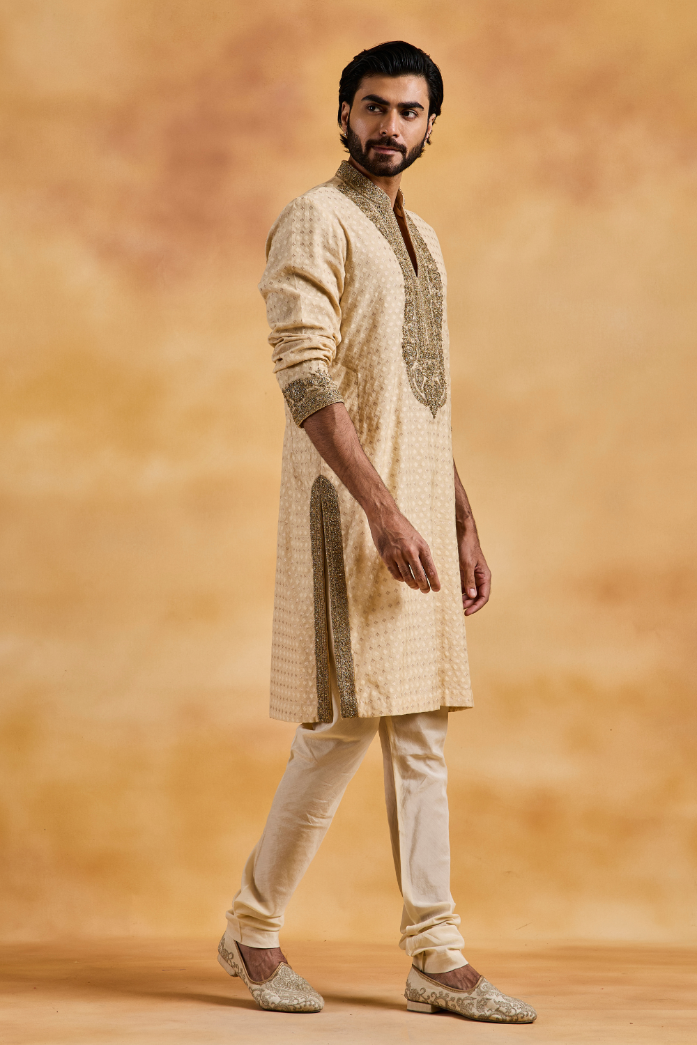 Beige Chanderi Booti Kurta Churidar Set