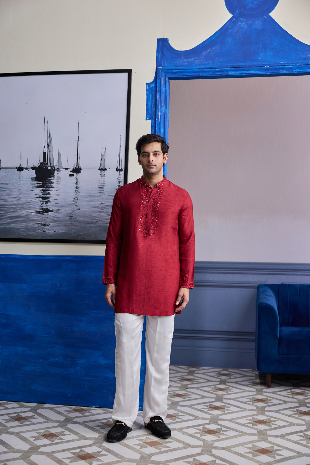Maroon Mirror Embroidered & Thread Work Kurta with Pants