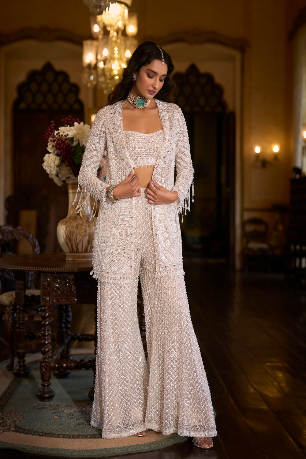 White Sequin  Open Jacket - Sharara Pant Set