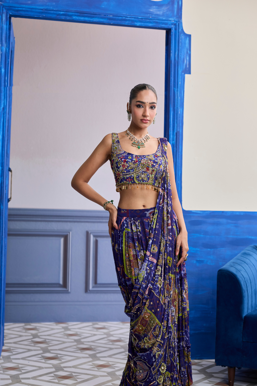 Violet Mosaic Blouse with Drape Tiered Skirt Saree Set