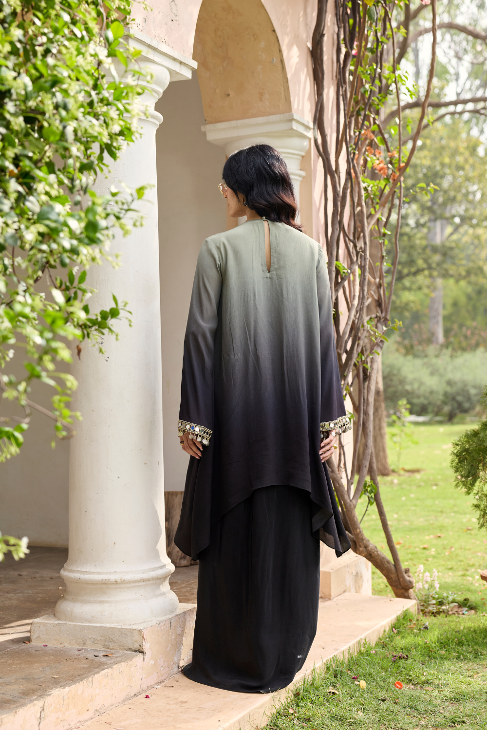 BLACK - GREY OMBRE EMBROIDERED KURTI SET
