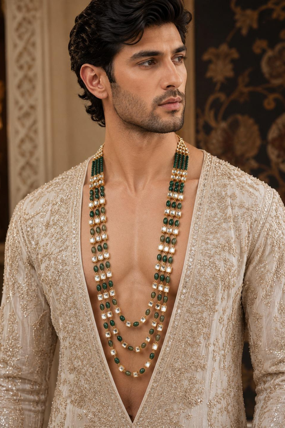 Three-Layer Green Beaded Kundan Groom Mala