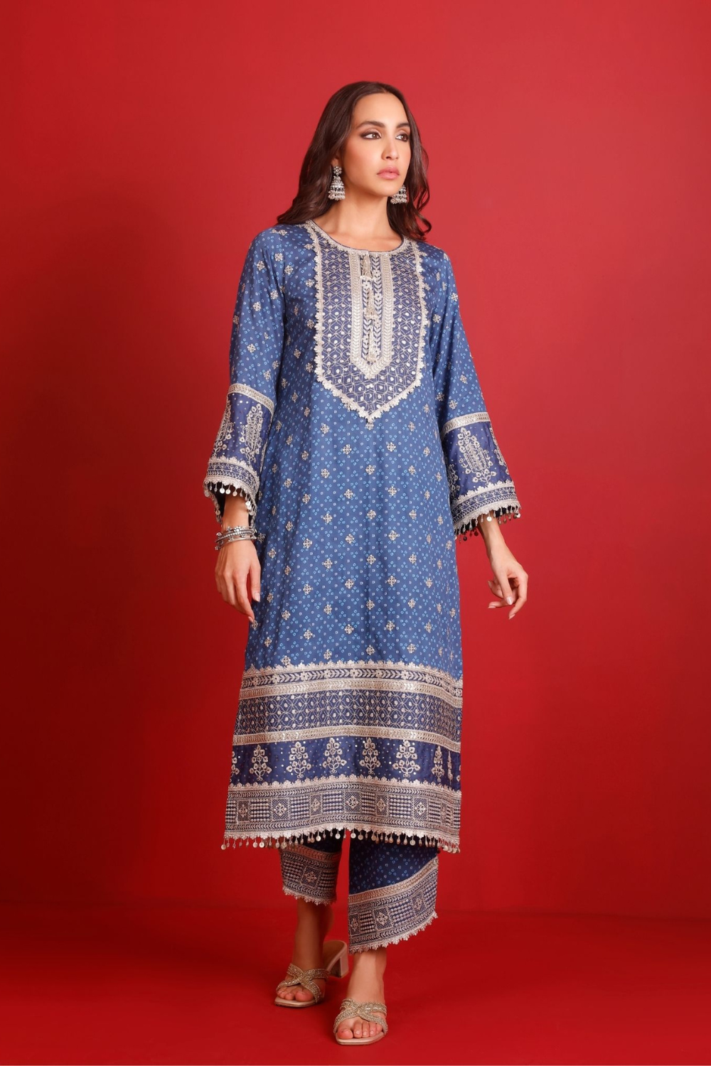 Lari Pima Satin Printed Navy Kurta Set