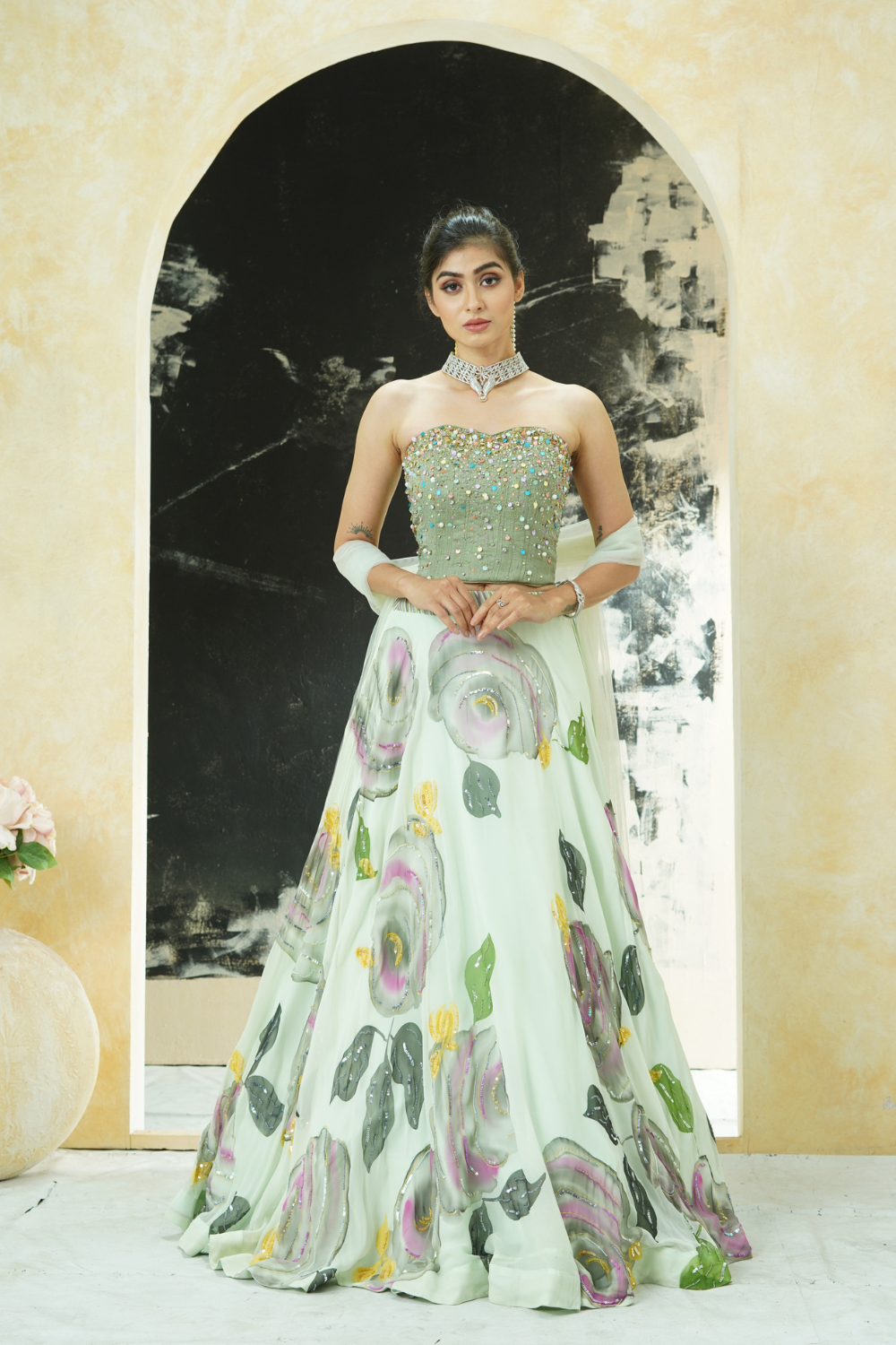 Mint Green hand painted lehenga and Green corset set